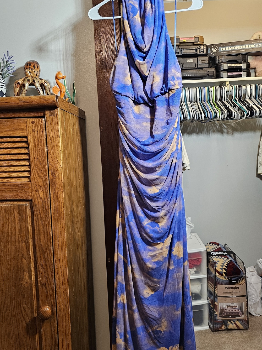 Zara Blue and Cream Tie-Dye Draped Halter Maxi Dress